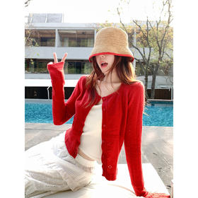 <曾小咸推荐>韩系红色针织开衫新款上衣