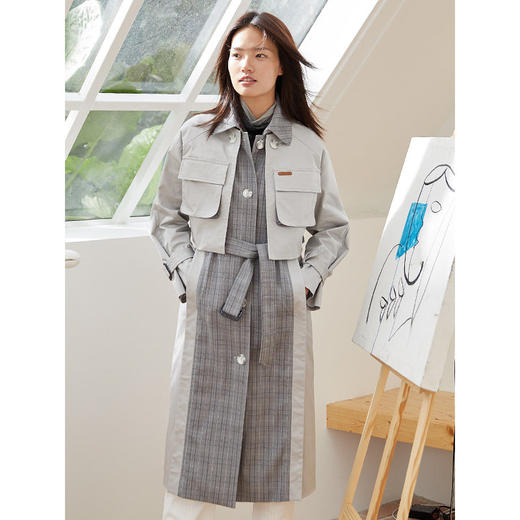 Famecoco范可儿春季长款风衣外套女品牌格子拼接两件套F205AA001 商品图2