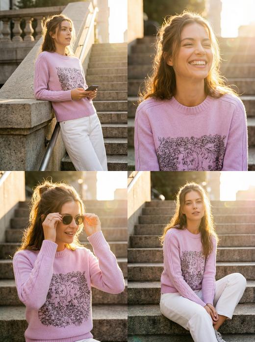 KINGDEER/KD新款线绣时尚宽松复古套头圆领羊绒衫L805686轻运动/花朵/休闲款鹿王 商品图4