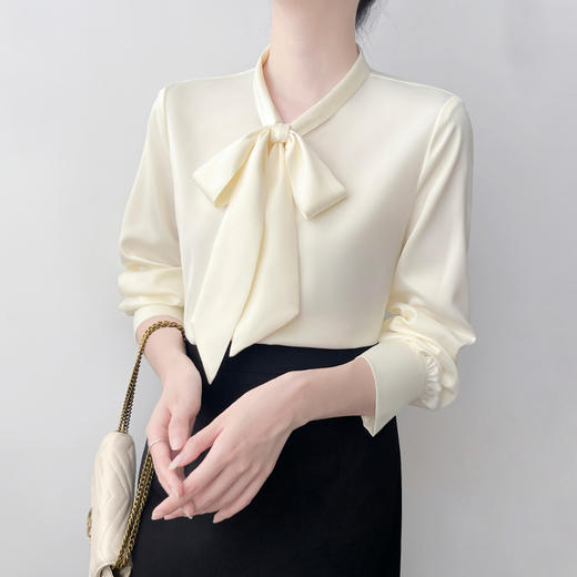 【缎面白色衬衫】春秋长袖通勤职业衬衣 气质蝴蝶结飘带衣柔光缎面 商品图1