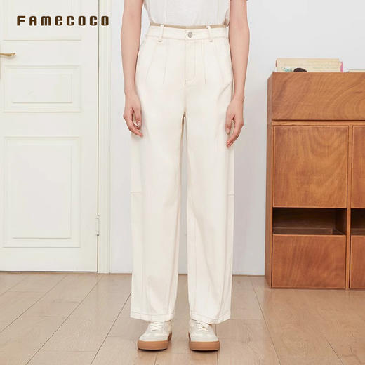 Famecoco范可儿裤子棉质双腰头直筒长裤松紧腰通勤风FAB6GA012 商品图2