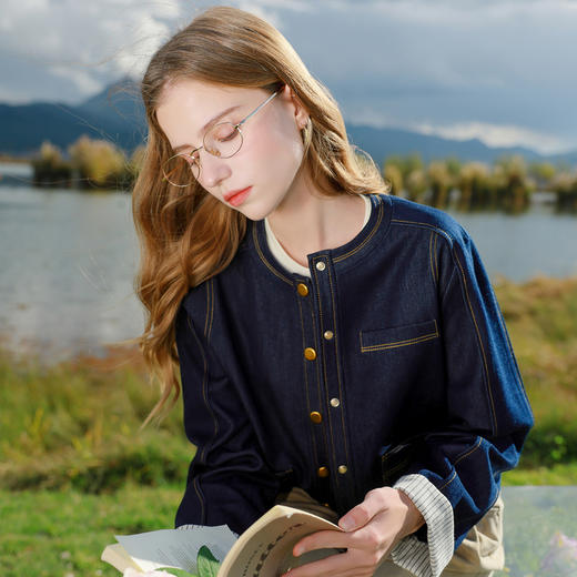 三彩2026春季新款仿牛仔外套明线口袋夹克开衫短款小个子M 商品图2