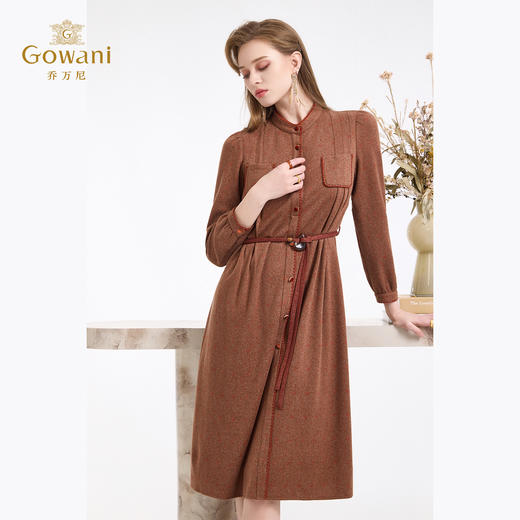 乔万尼新品鎏金复古感混色纺收腰系带衬衫式连衣裙ED4E785 商品图1