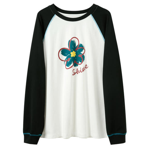 【100棉】三彩2026春季新款慵懒休闲花朵字母T恤套头插肩袖宽松M 商品图4