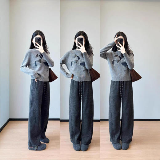 羊皮几何小马！2026品质装饰图案纯羊毛针织灰色圆领套头毛衣新款！ 商品图2