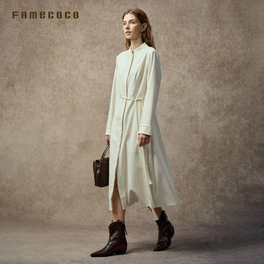 Famecoco范可儿优雅通勤气质立领收腰连衣裙杏色极简衬衫裙FAC8FA014 商品图4