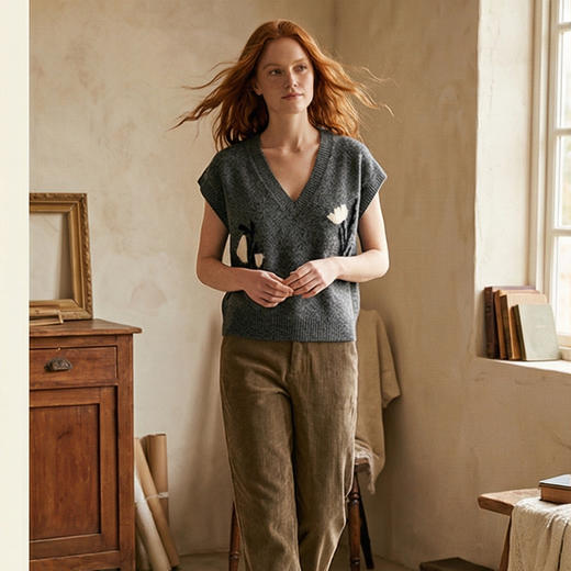 KINGDEER/KD秋季上新女式花纱羊绒马甲L805694复古奶奶风鹿王 商品图4