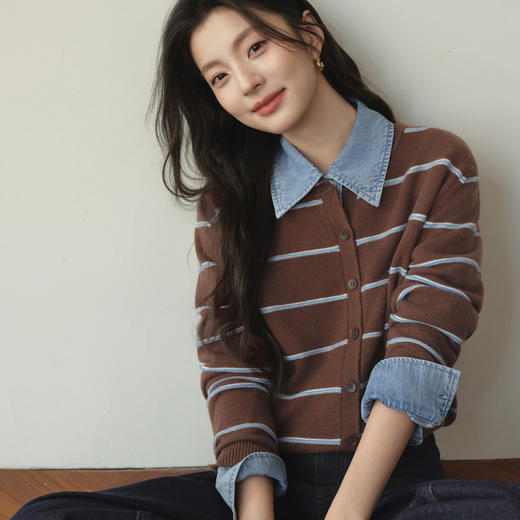 【严选】诗凡黎韩系撞色条纹针织开衫2026春新款宽松显瘦内搭软糯百搭毛衣7H1430431 商品图0