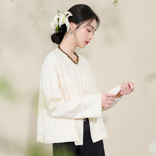 三彩【落花微雨】2026春季新款新中式提花外套圆领开衫宽松C 商品图1