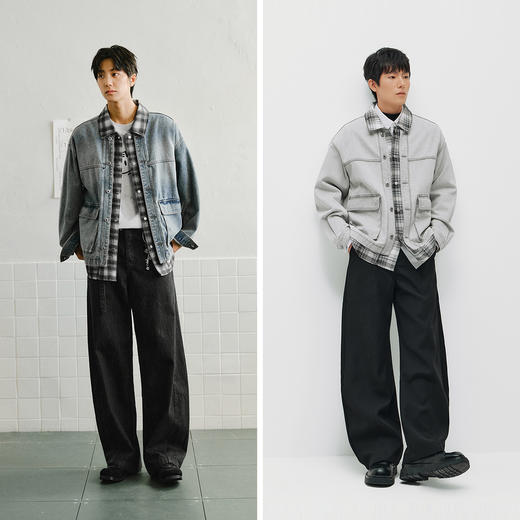 商场同款|森马夹克男春假两件拼接格纹牛仔外套2026新款翻领上衣 商品图4
