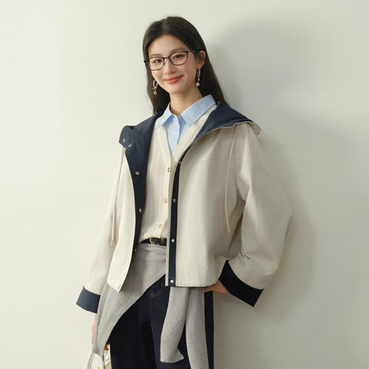 【严选】【开心果风衣】诗凡黎撞色连帽短款风衣2026春新款派克工装外套女7H1460211 商品图0