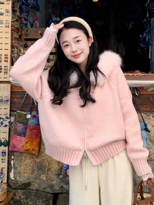 【百图lulu定制】【大毛领暖绒开衫】大毛领 可拆卸 双头拉链 毛衣开衫 外套 商品图0