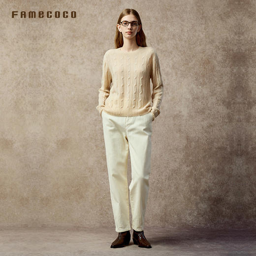 Famecoco范可儿100%纯羊绒休闲简约针织衫绞花镶钻圆领毛衣FAC8DB010 商品图4