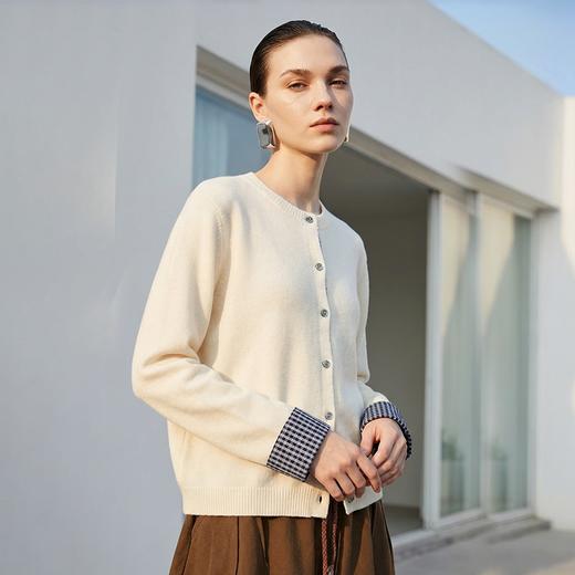 Famecoco范可儿100%绵羊毛开身毛衫格纹拼接短款针织衫FAD8DA108 商品图0