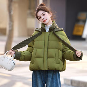 韩系短款羽绒服绿色连帽面包服，小个子巨好看厚外套HR-YAX2569