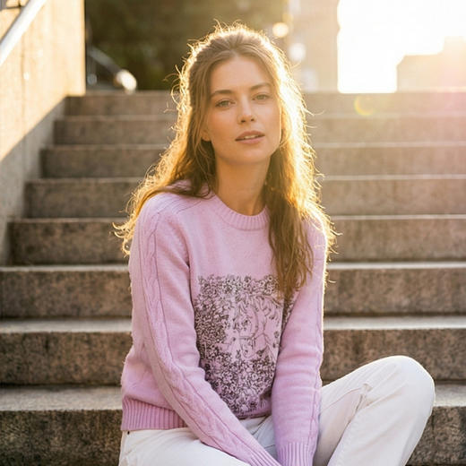 KINGDEER/KD新款线绣时尚宽松复古套头圆领羊绒衫L805686轻运动/花朵/休闲款鹿王 商品图10