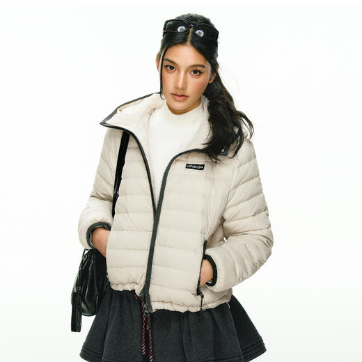 Ariseism 美式复古撞色拉链连帽排骨羽绒服女冬季新款保暖外套 商品图1