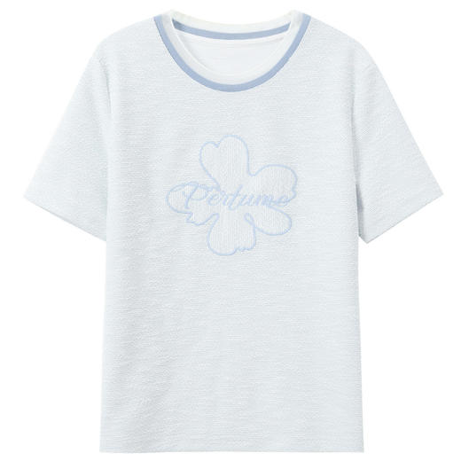 三彩2026春季新款休闲花朵字母绣花T恤套头上衣圆领正肩短袖S 商品图4