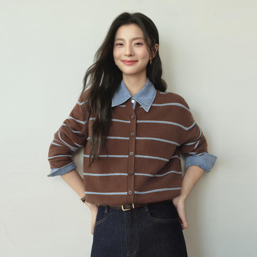 【严选】诗凡黎韩系撞色条纹针织开衫2026春新款宽松显瘦内搭软糯百搭毛衣7H1430431 商品图4