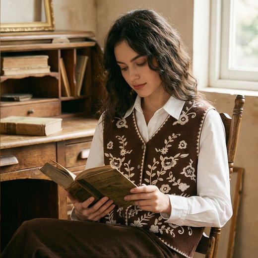 【咕咕同款】King Deer/鹿王秋季上新女式休闲百搭刺绣羊绒马甲L805804复古奶奶风鹿王 商品图9