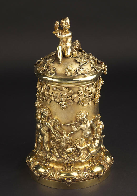 独角鹿西洋古董1830-1840年代英国著名银器工坊Storr & Mortimer签名出品幼年巴克斯主题银鎏金精雕带盖啤酒杯 商品图3