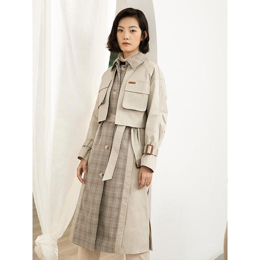 Famecoco范可儿春季长款风衣外套女品牌格子拼接两件套F205AA001 商品图0