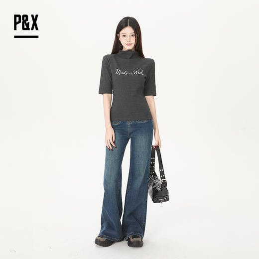 P&X设计师女装2026春季字母半高领半袖修身T恤 826102095 灰色 商品图2