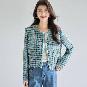 「高货sh」全新升级【铂金会员487/天猫659/差价172】(03701)洛诗琳重工孔雀蓝金丝珠片小香风外套2026春季新款气质粗花呢显瘦短外套