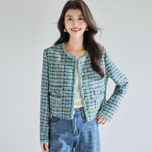 「高货sh」全新升级【铂金会员487/天猫659/差价172】(03701)洛诗琳重工孔雀蓝金丝珠片小香风外套2026春季新款气质粗花呢显瘦短外套 商品图0