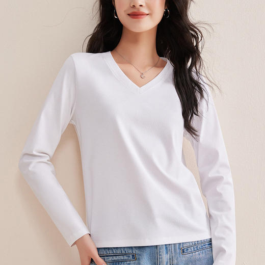 「自j」全新升级【铂金会员100/天猫129/差价29】(71856)洛诗琳10A级抗菌白色V领长袖T恤2026春季丝光棉感打底上衣女 商品图3