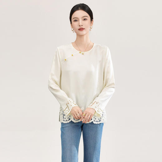 「高货wl」全新升级【铂金会员321/天猫429/差价108】(01826洛诗琳复古新中式奢光醋酸缎面衬衫2026春季新款刺绣圆领国风上衣 商品图2