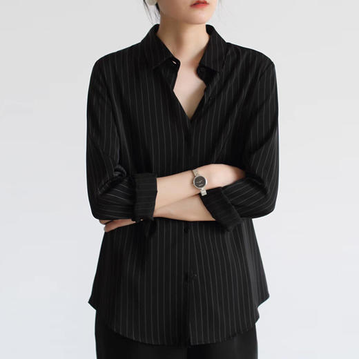 严选缎面衬衫春季新款上衣黑色条纹衬衫女高级通勤面试衬衣职业装 商品图3