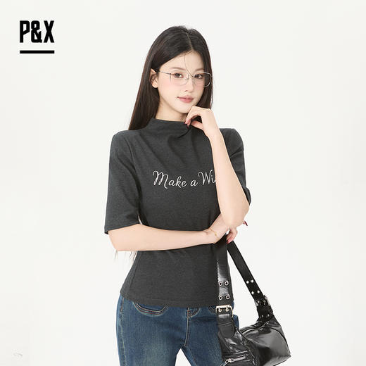 P&X设计师女装2026春季字母半高领半袖修身T恤 826102095 灰色 商品图0