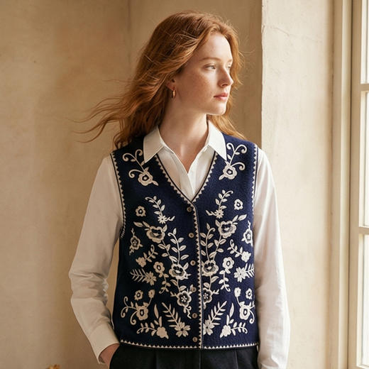 【咕咕同款】King Deer/鹿王秋季上新女式休闲百搭刺绣羊绒马甲L805804复古奶奶风鹿王 商品图6