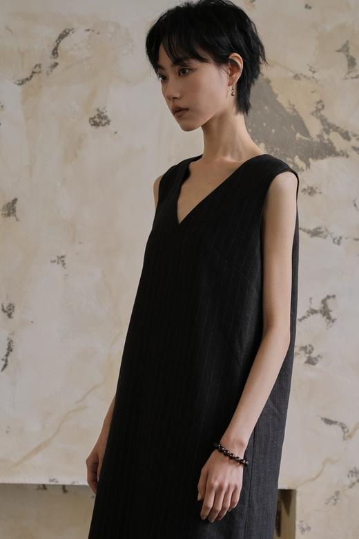 Kai & Kiera 经典条纹垂顺通勤V领气质连衣裙 22046 商品图1