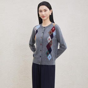 「自」全新升级【铂金会员349/天猫469/差价120】(21728)洛诗琳新款羊毛开衫2026春季时尚通勤百搭撞色菱形格圆领针织外套