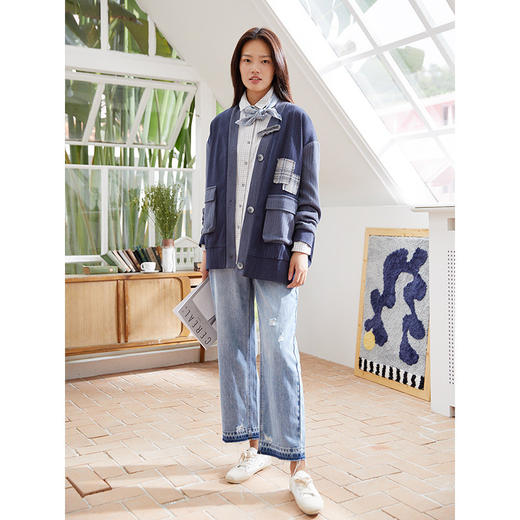 Famecoco范可儿直筒牛仔裤女士破洞宽松浅色长裤F205GA005 商品图2