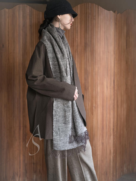 Stovaigh 檀褐色水洗人字纹羊毛无领外套 商品图3