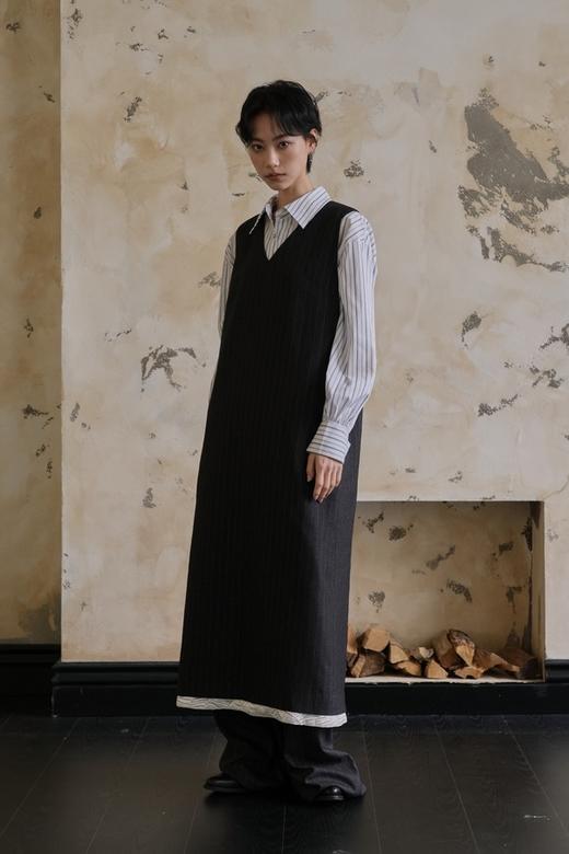 Kai & Kiera 经典条纹垂顺通勤V领气质连衣裙 22046 商品图0