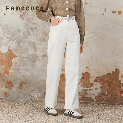 Famecoco范可儿长裤棉质设腰边设计感刺绣印花直筒裤女FAB6GA015 商品图4