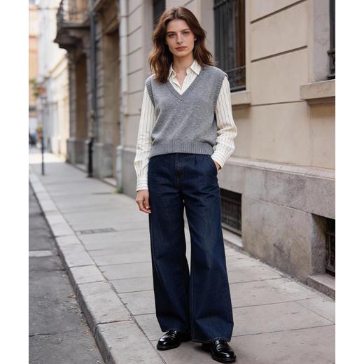 Famecoco范可儿复古经典深蓝牛仔裤高腰显瘦直筒休闲裤FAD8GA118 商品图0