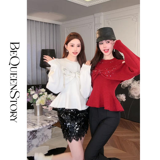 【孤品样衣，不退不换】【心愿圣诞】轻奢时尚挺括有型手工缝钻女生秋冬款圆领毛衣 商品图0