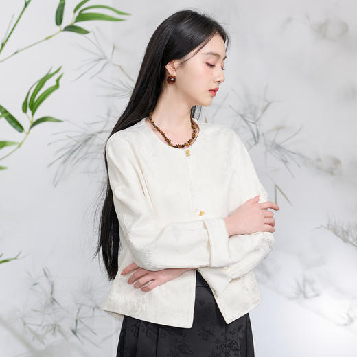 三彩【月下花影】2026春季新款新中式提花外套圆领开衫宽松C 商品图2