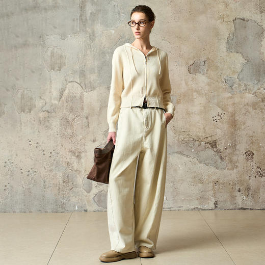 Famecoco范可儿工装风高腰弯刀裤宽松休闲加厚洗水棉香蕉裤FAD8GA128 商品图0