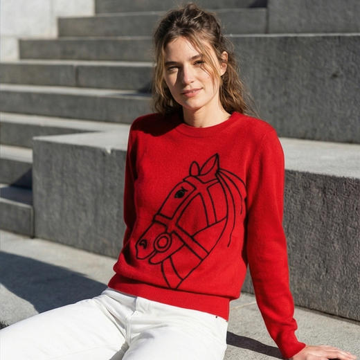 KINGDEER/KD秋冬新款女式长袖羊绒衫 约216g L805679轻运动/花朵/休闲款100%山羊绒鹿王 红色 商品图5