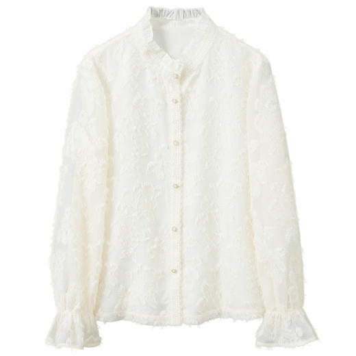 三彩2026春季新款剪花提花宽松衬衫小衫木耳边花边立领衬衣M 商品图4