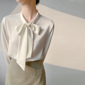 【缎面白色衬衫】春秋长袖通勤职业衬衣 气质蝴蝶结飘带衣柔光缎面
