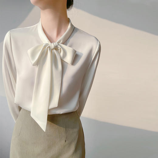 【缎面白色衬衫】春秋长袖通勤职业衬衣 气质蝴蝶结飘带衣柔光缎面 商品图0