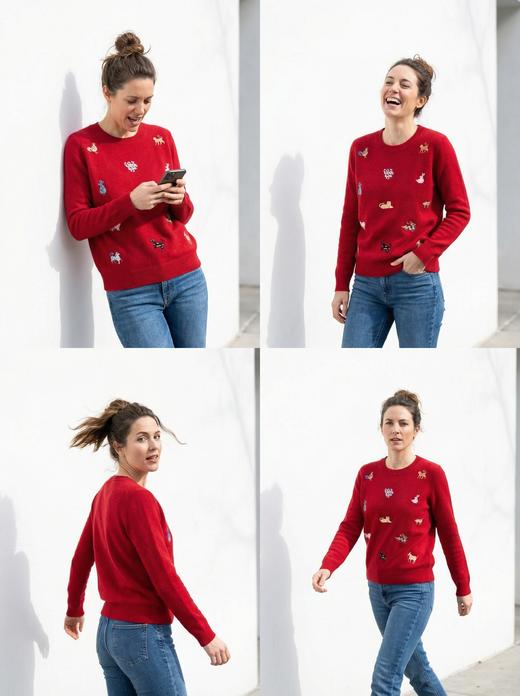 KINGDEER/KD”十二生肖“秋冬新款女式刺绣羊绒衫L805501轻运动/花朵/休闲款鹿王 红色 商品图11