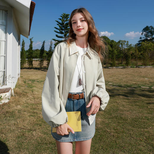 三彩2026春季新款假两件翻领夹克拉链开衫外套复古宽松休闲M 商品图3